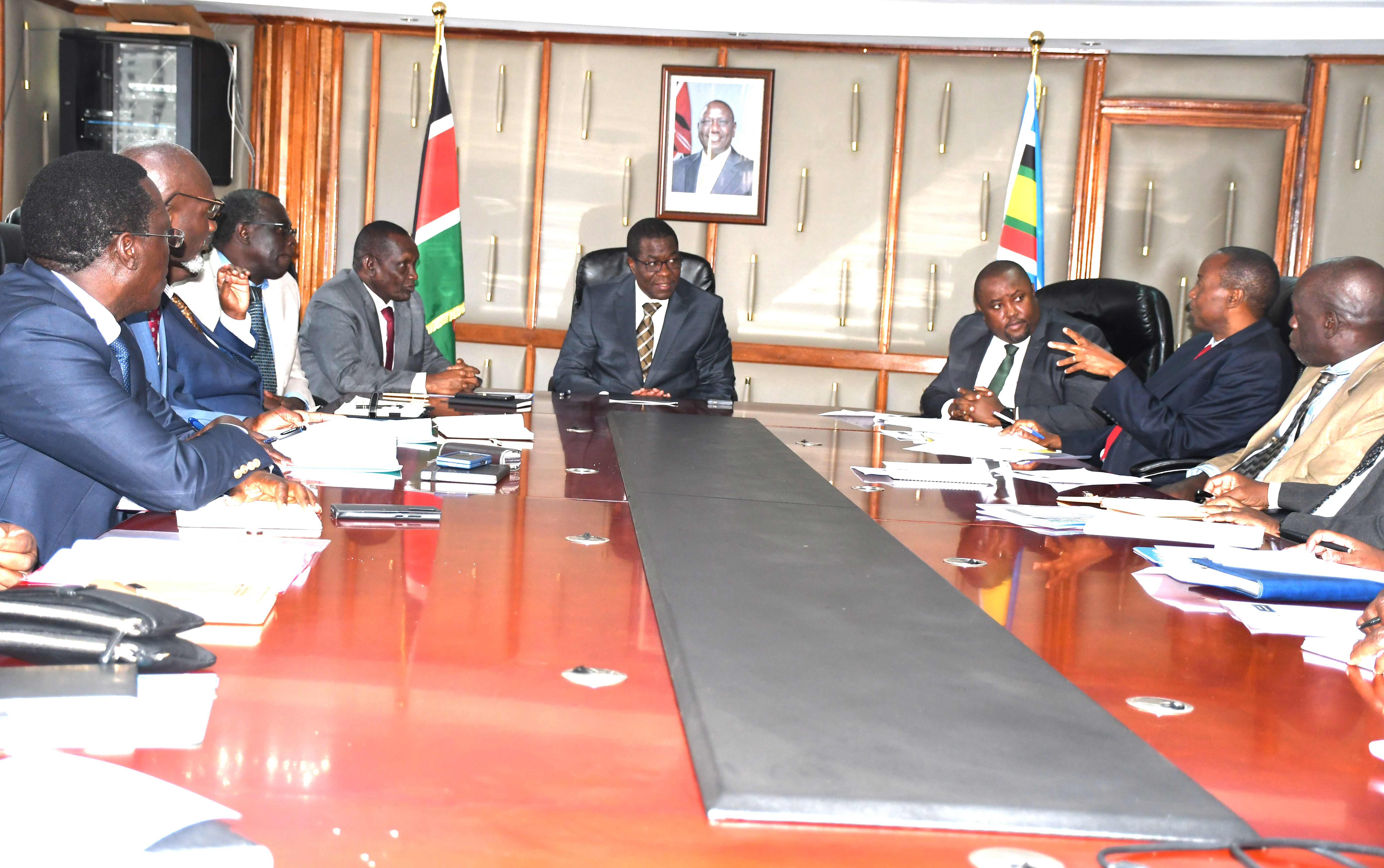 Heads of Departments from the Ministry of Energy and Petroleum review their Performance Contract targets at the KAWI complex boardroom. The meeting was chaired by the Cabinet Secretary Mr. Opiyo Wandayi.