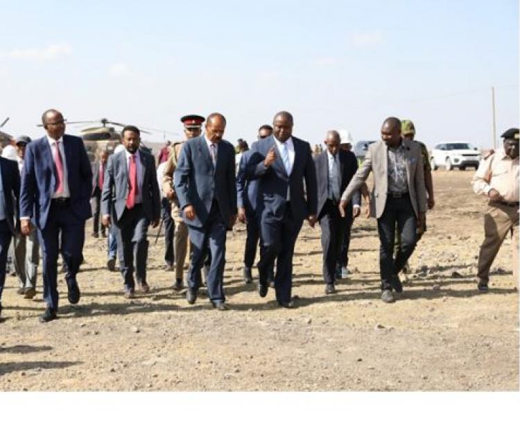 Team led by CS Aden Duale, H.E. Isaias Afwerki and PS Energy  Alex Wachira arriving at the Kipeto Wind Farm / February ,2023