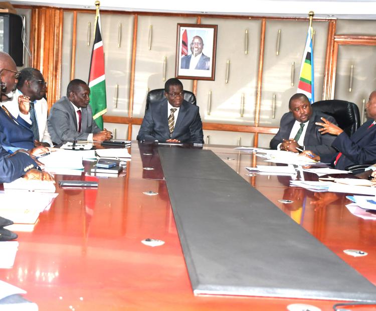 Heads of Departments from the Ministry of Energy and Petroleum review their Performance Contract targets at the KAWI complex boardroom. The meeting was chaired by the Cabinet Secretary Mr. Opiyo Wandayi.